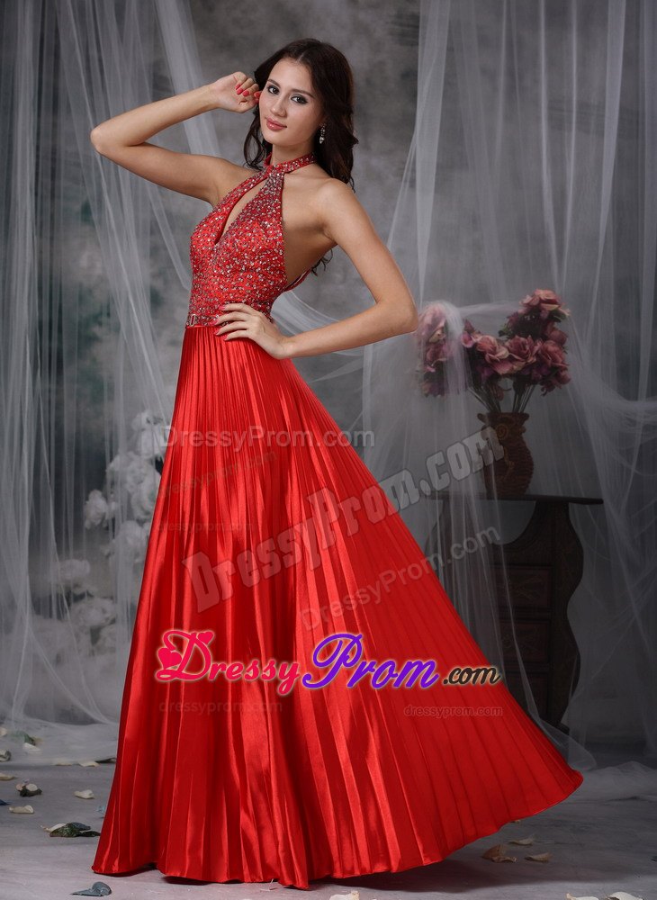 Red Pleat High-neck Prom Dress with Beading and Key Hole