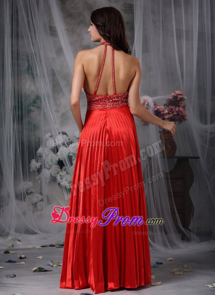 Red Pleat High-neck Prom Dress with Beading and Key Hole