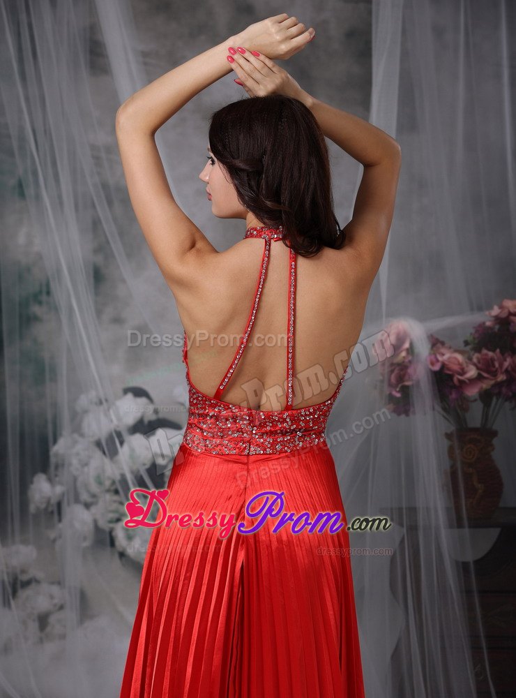 Red Pleat High-neck Prom Dress with Beading and Key Hole