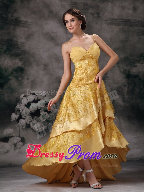 Yellow A-line Straps Lace Brush Prom Dress in High-low