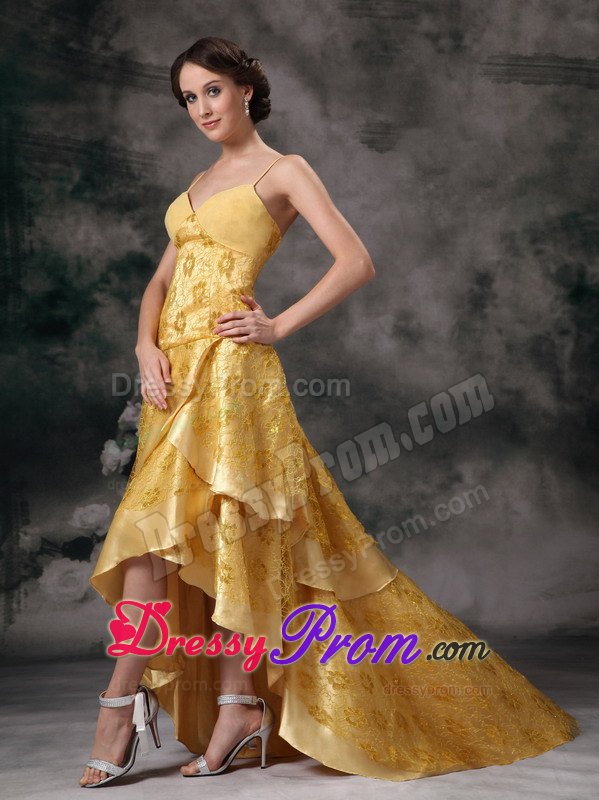 Yellow A-line Straps Lace Brush Prom Dress in High-low