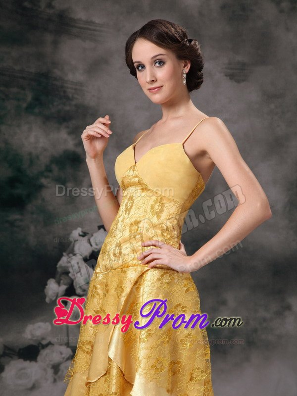 Yellow A-line Straps Lace Brush Prom Dress in High-low