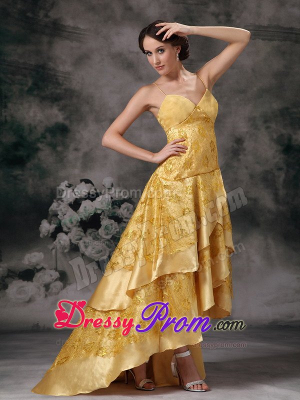 Yellow A-line Straps Lace Brush Prom Dress in High-low