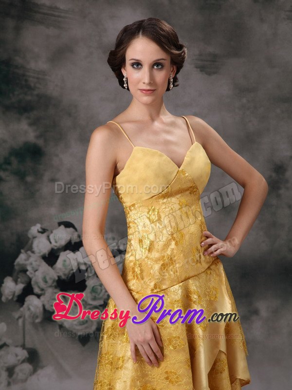Yellow A-line Straps Lace Brush Prom Dress in High-low