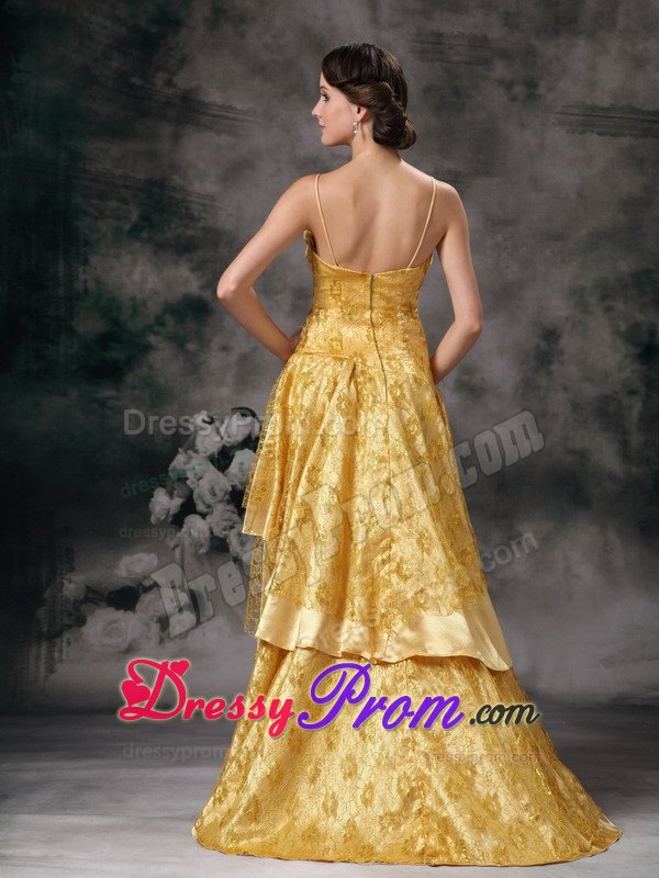 Yellow A-line Straps Lace Brush Prom Dress in High-low