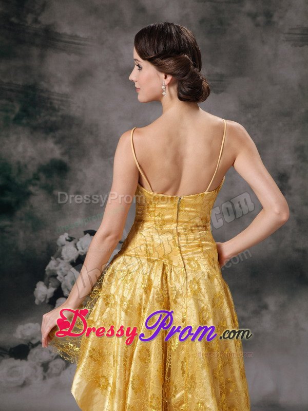 Yellow A-line Straps Lace Brush Prom Dress in High-low