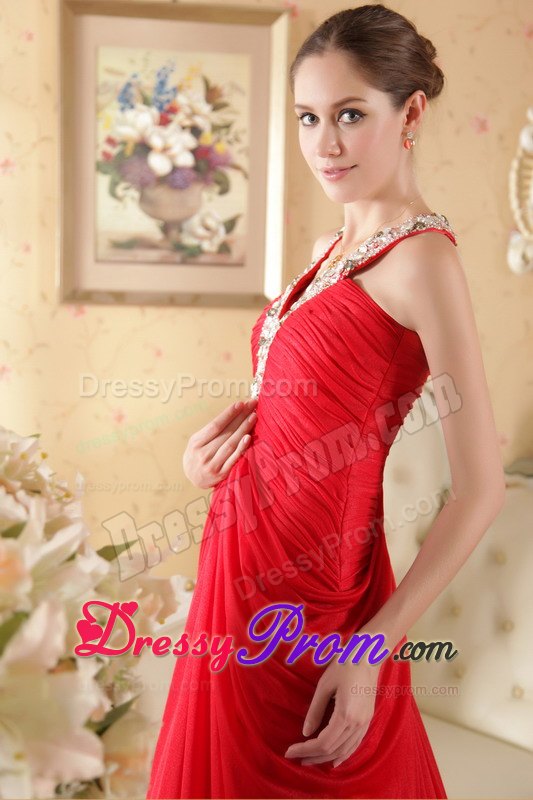 Beading and Ruching for Red Column Halter Chapel Prom Dress