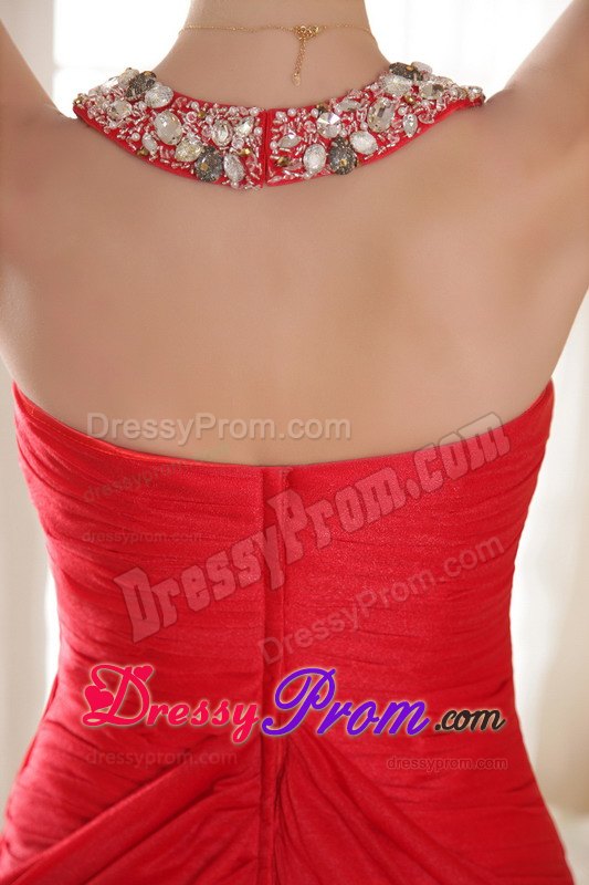 Beading and Ruching for Red Column Halter Chapel Prom Dress