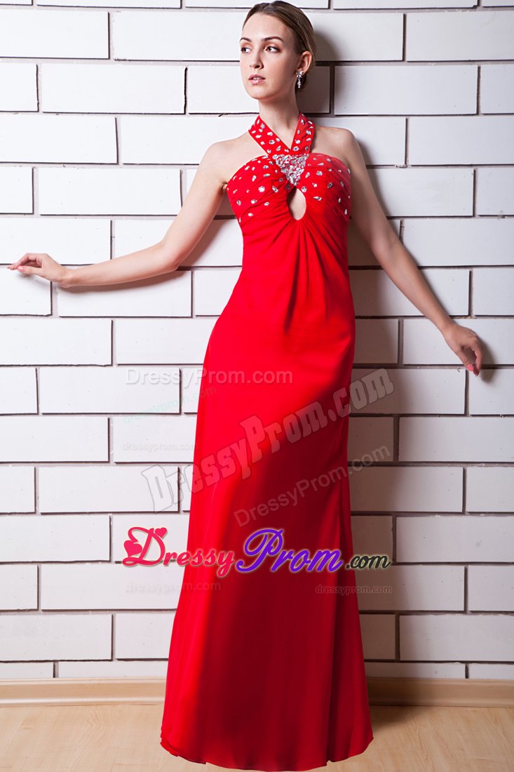 Empire Halter Beading Keyhole Red Prom Dress Floor-length