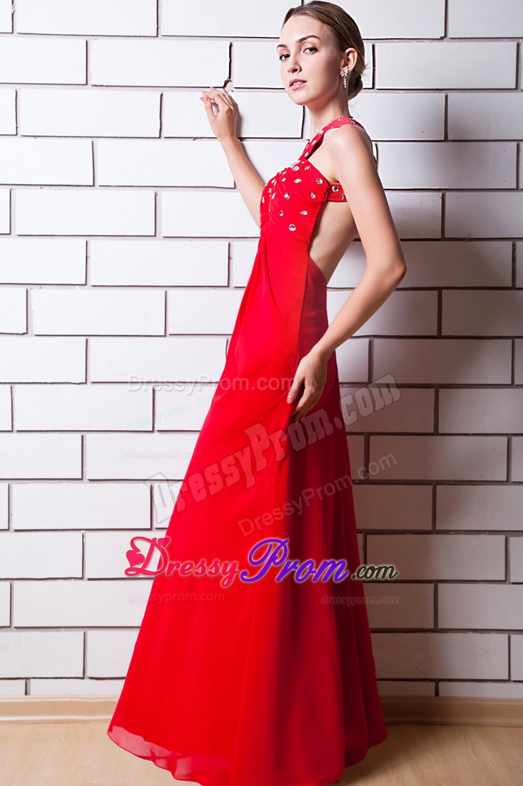 Empire Halter Beading Keyhole Red Prom Dress Floor-length