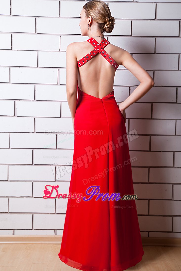Empire Halter Beading Keyhole Red Prom Dress Floor-length