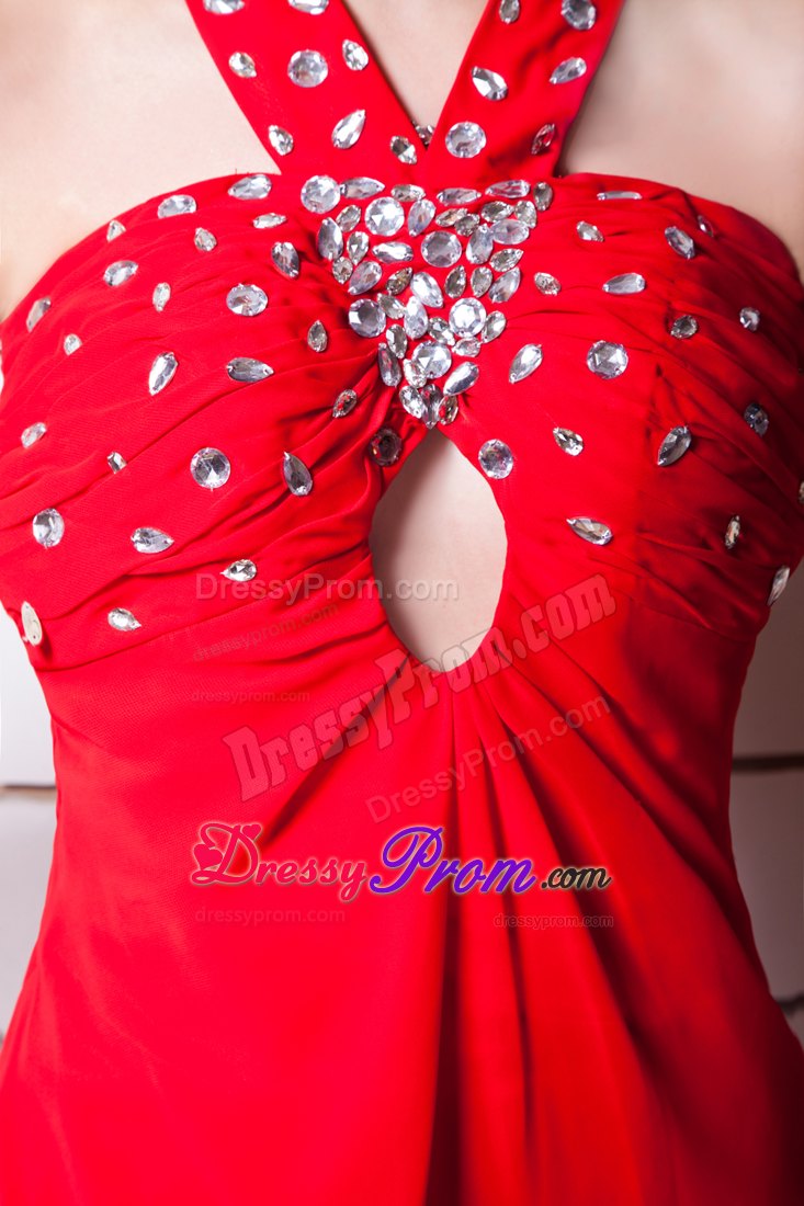 Empire Halter Beading Keyhole Red Prom Dress Floor-length