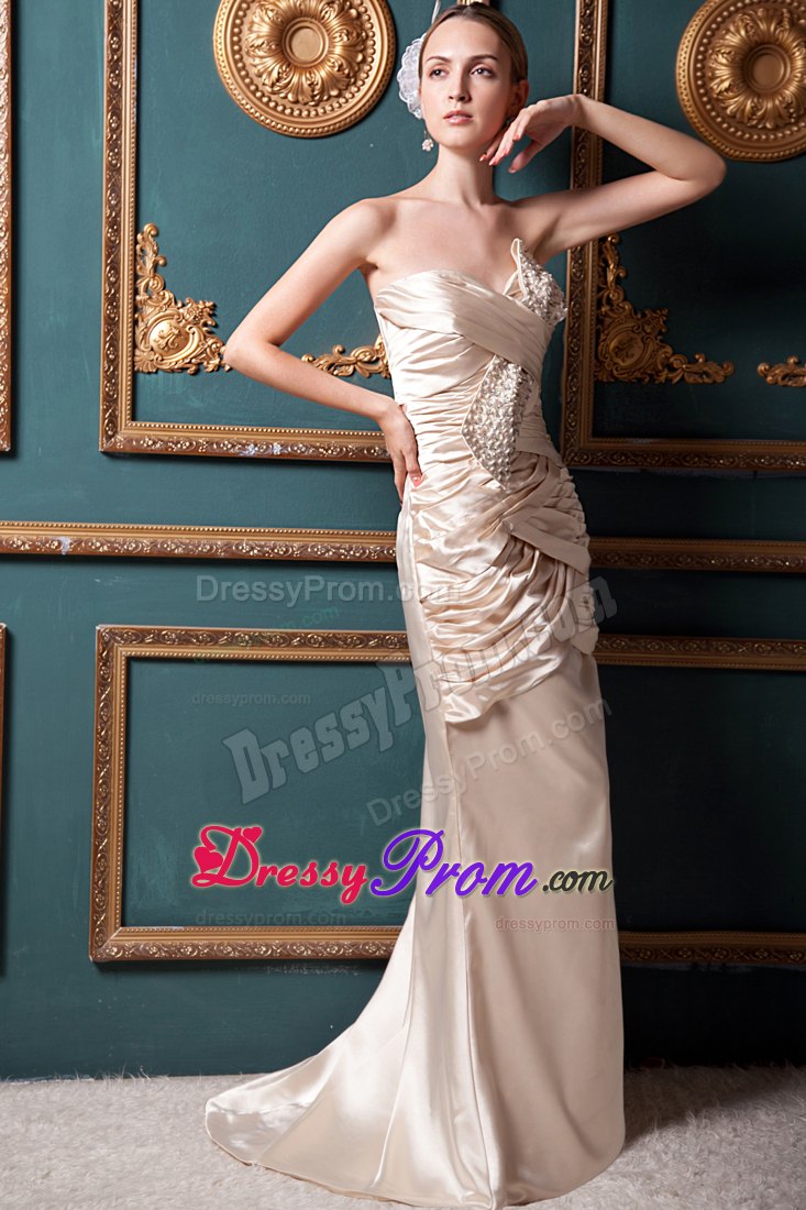 Sweetheart Ruched Beading Champagne Brush Train Prom Dress