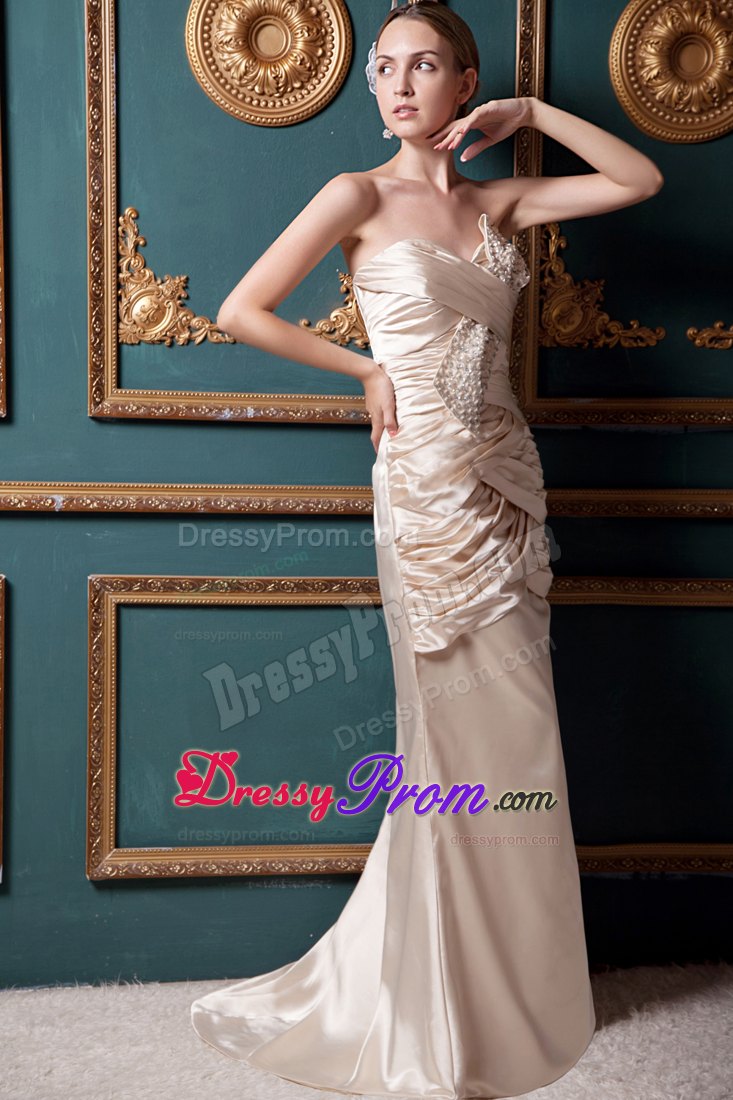 Sweetheart Ruched Beading Champagne Brush Train Prom Dress