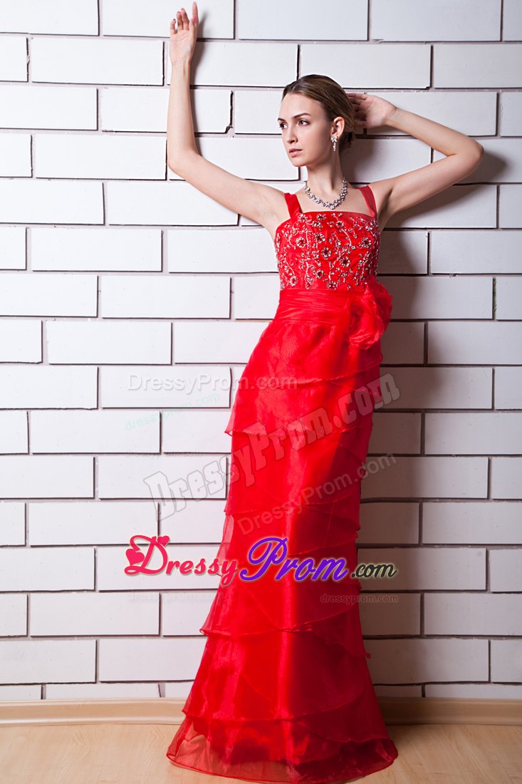 Straps Layered Floor-length Red Beading Prom Theme Dresses