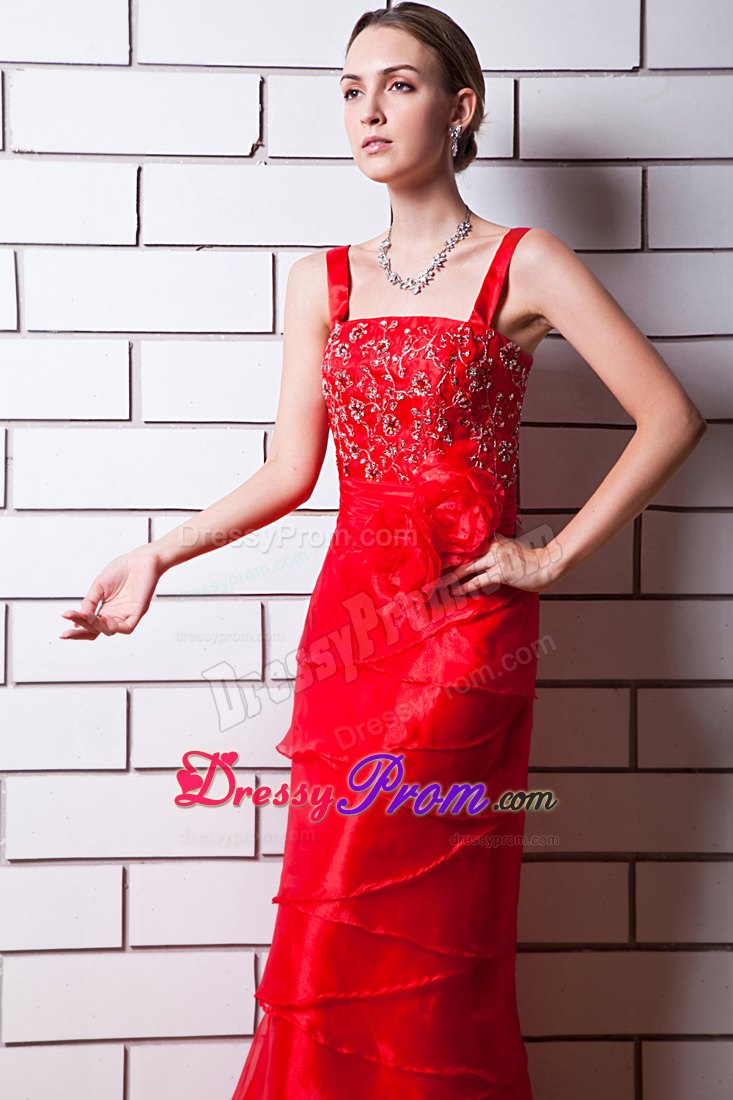 Straps Layered Floor-length Red Beading Prom Theme Dresses