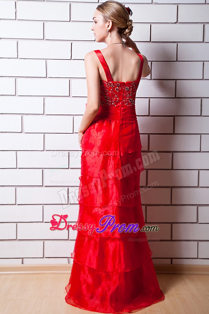 Straps Layered Floor-length Red Beading Prom Theme Dresses
