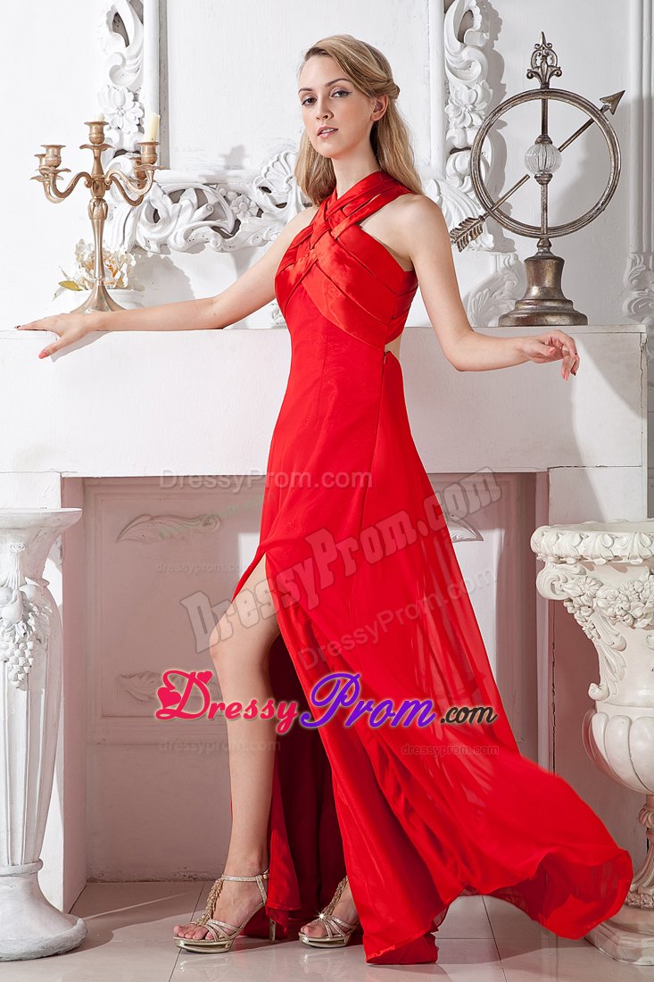 Red Column Halter Floor-length Dresses For Prom Court