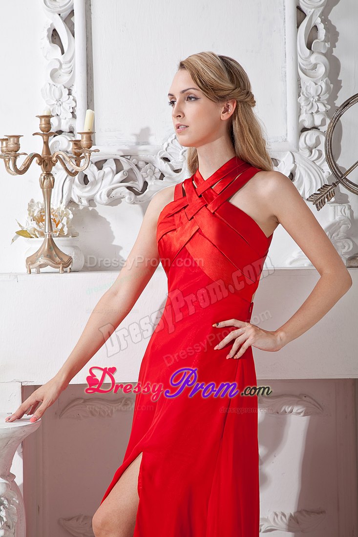 Red Column Halter Floor-length Dresses For Prom Court