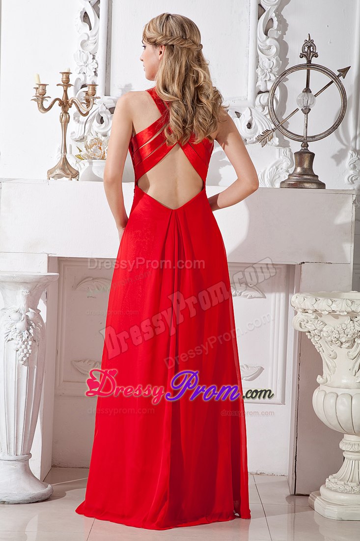 Red Column Halter Floor-length Dresses For Prom Court