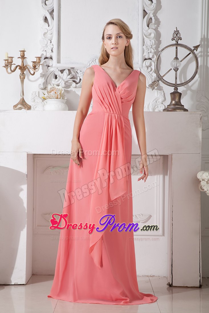 Pleated V-neck Brush Train Watermelon Red Prom Dresses