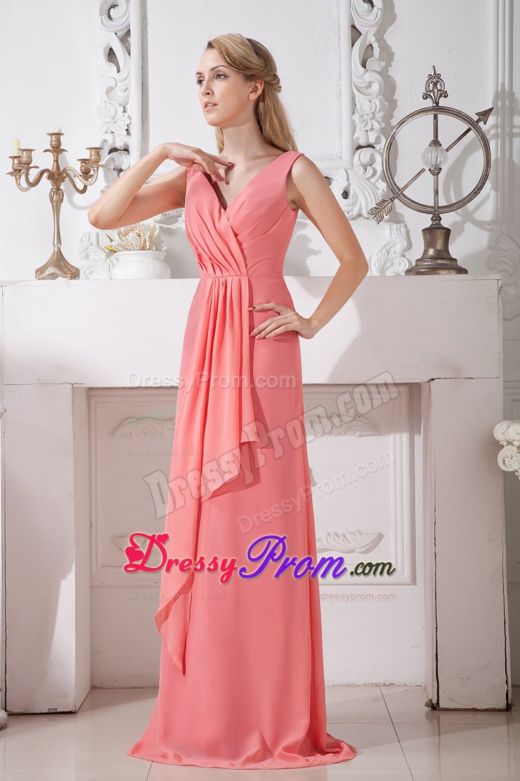 Pleated V-neck Brush Train Watermelon Red Prom Dresses