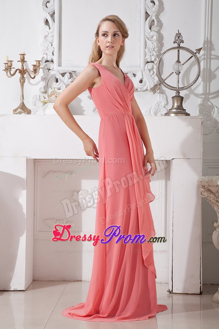 Pleated V-neck Brush Train Watermelon Red Prom Dresses