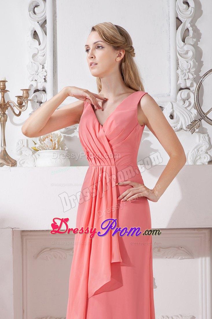 Pleated V-neck Brush Train Watermelon Red Prom Dresses