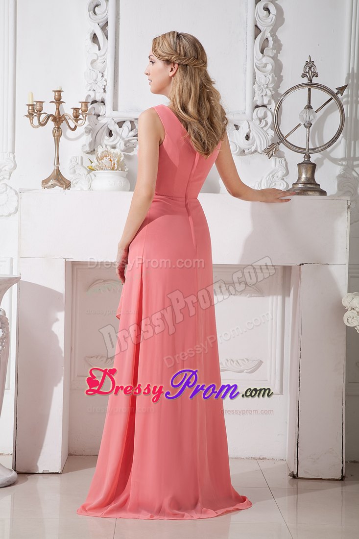Pleated V-neck Brush Train Watermelon Red Prom Dresses
