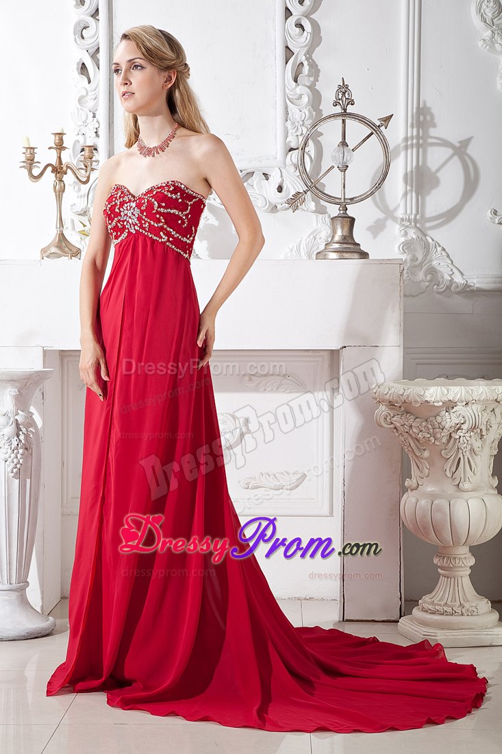 Wine Red Empire Sweetheart Beading Prom Dress with Court Train