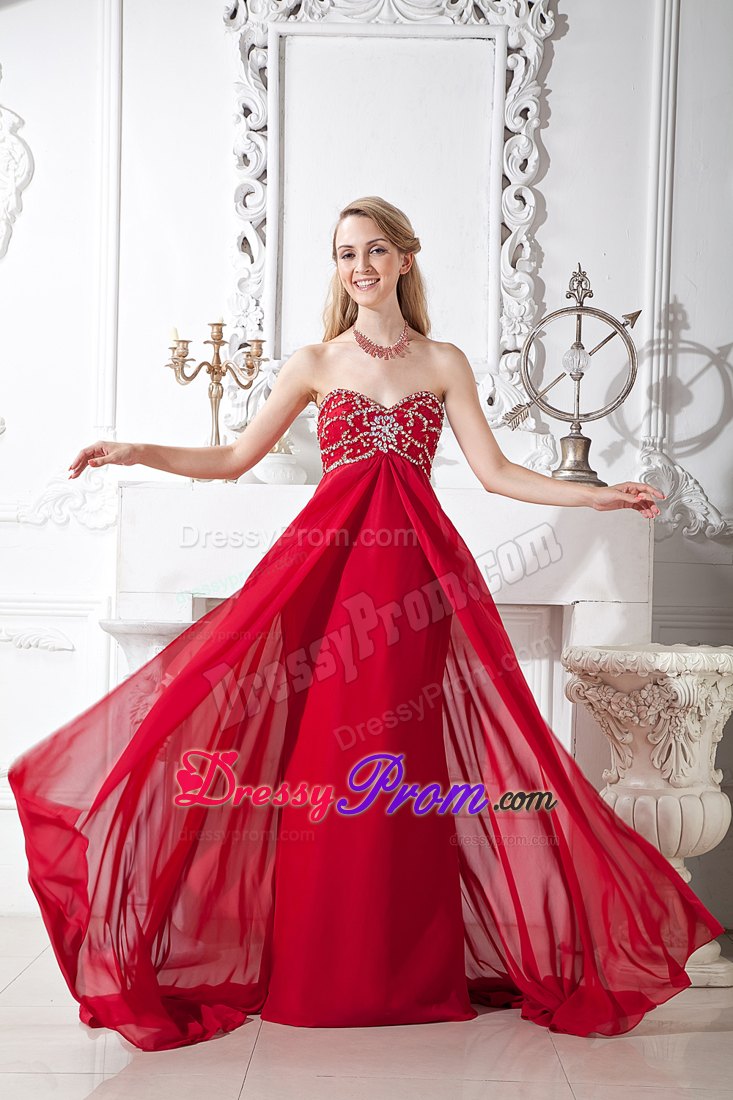 Wine Red Empire Sweetheart Beading Prom Dress with Court Train