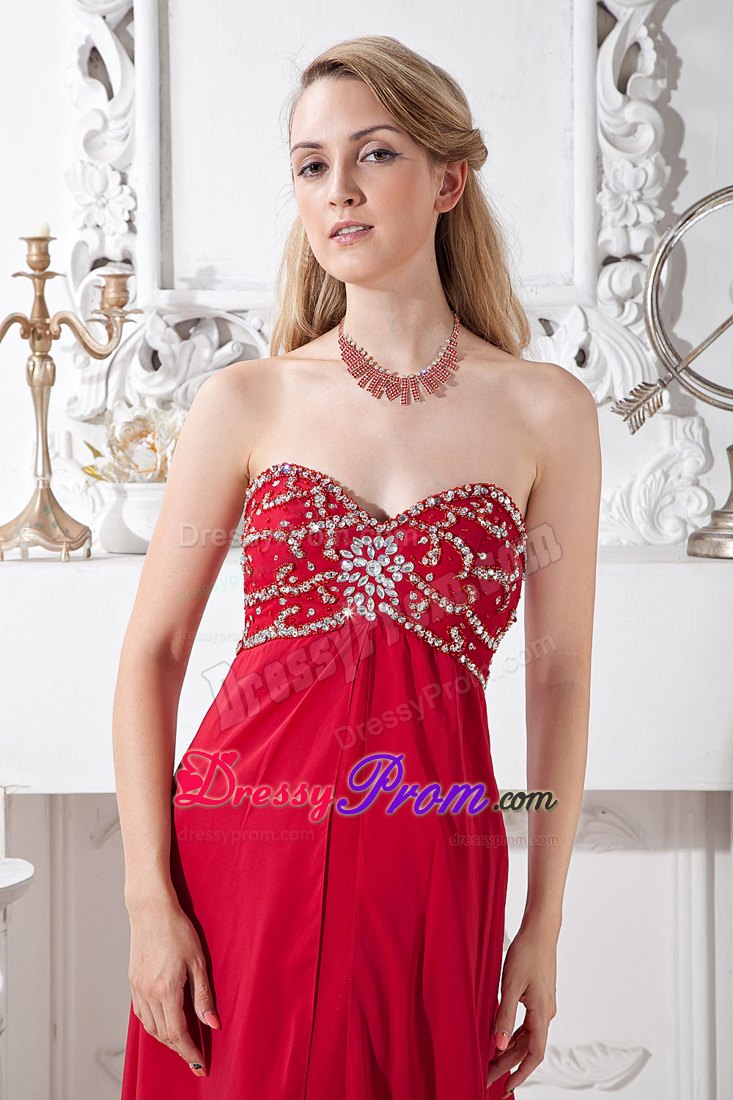 Wine Red Empire Sweetheart Beading Prom Dress with Court Train