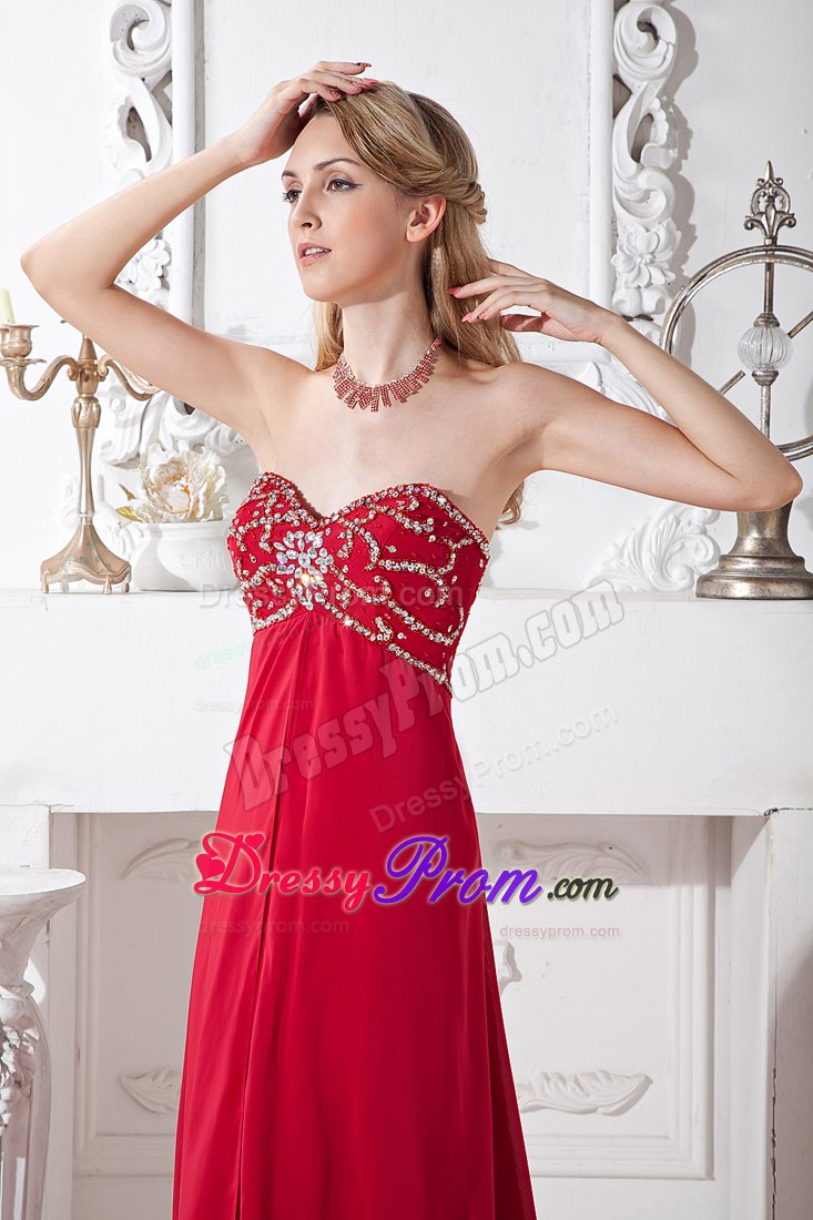 Wine Red Empire Sweetheart Beading Prom Dress with Court Train