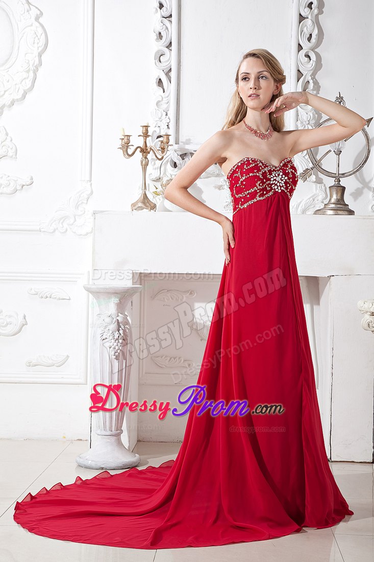 Wine Red Empire Sweetheart Beading Prom Dress with Court Train