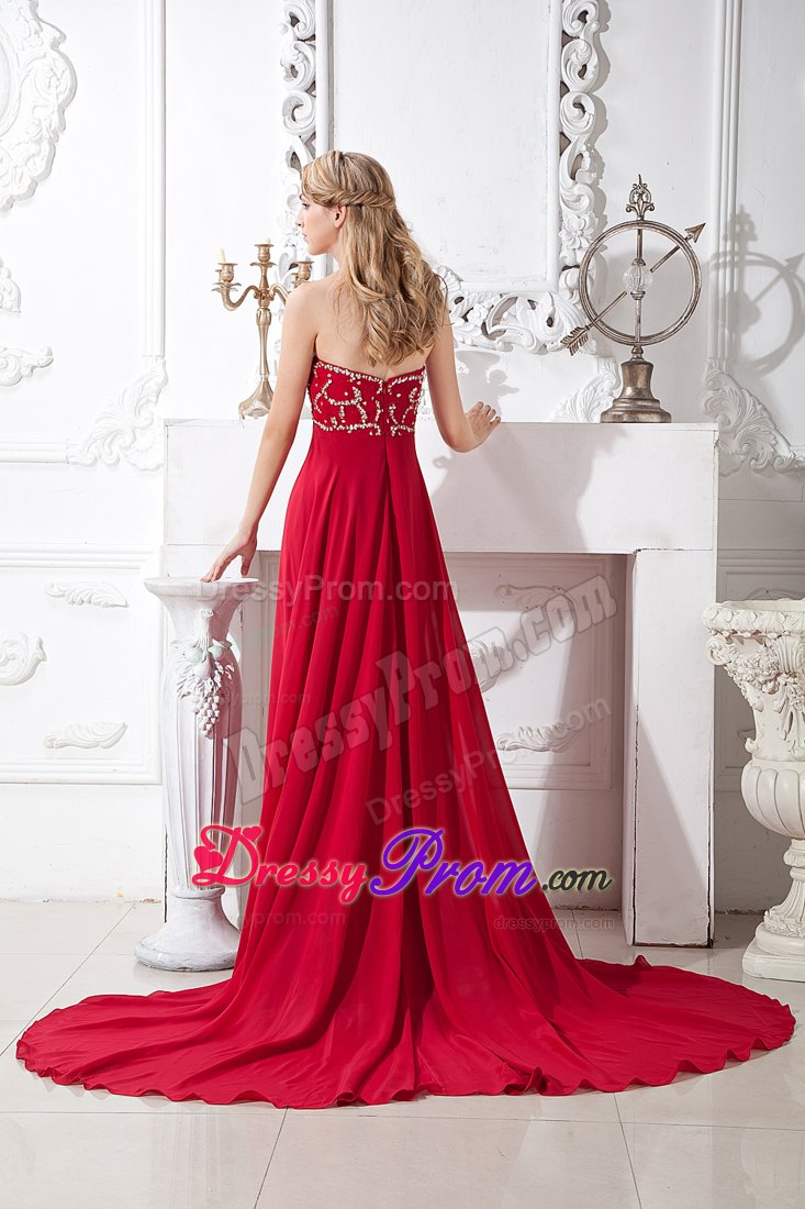 Wine Red Empire Sweetheart Beading Prom Dress with Court Train