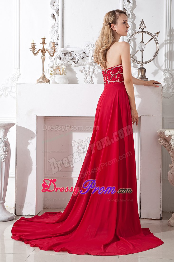 Wine Red Empire Sweetheart Beading Prom Dress with Court Train