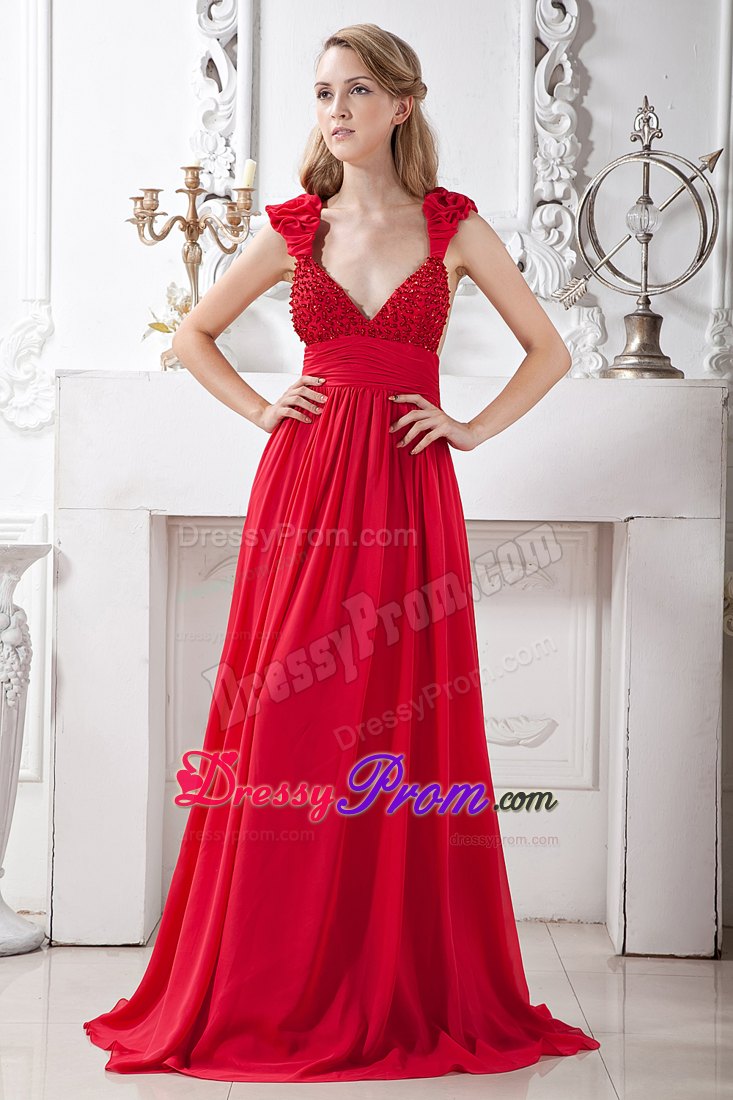 Red A-line V-neck Beading Prom Gown with Brush Train