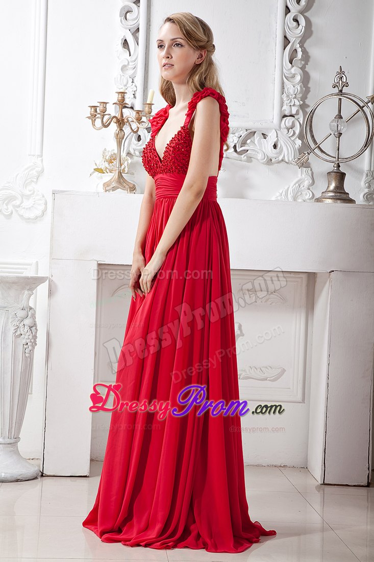 Red A-line V-neck Beading Prom Gown with Brush Train