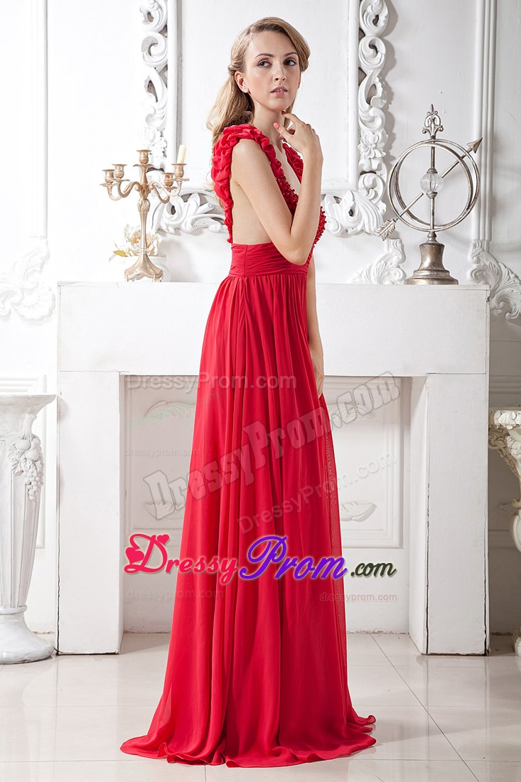 Red A-line V-neck Beading Prom Gown with Brush Train