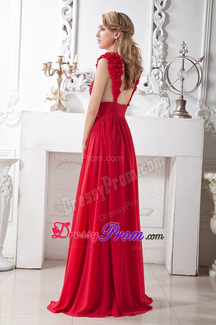 Red A-line V-neck Beading Prom Gown with Brush Train