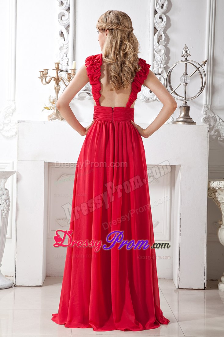 Red A-line V-neck Beading Prom Gown with Brush Train