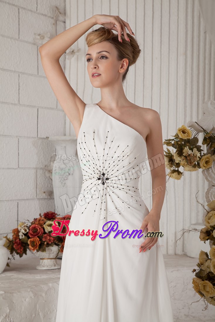 White Empire One Shoulder Chiffon Beading for Prom Dress