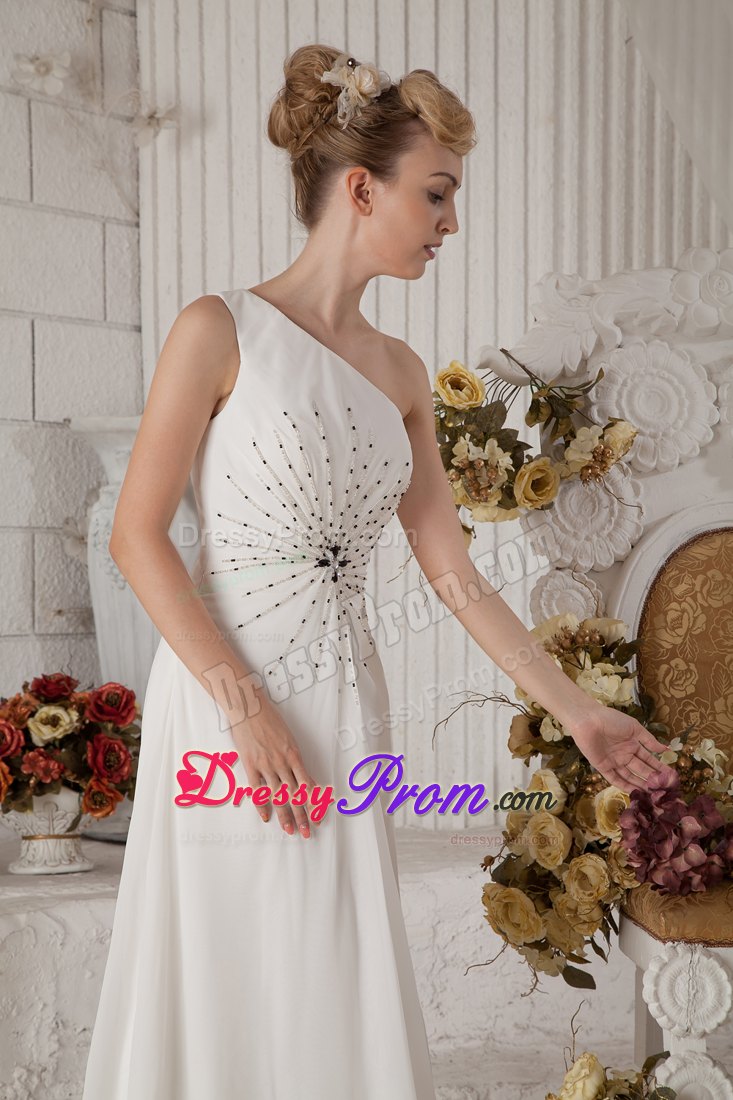 White Empire One Shoulder Chiffon Beading for Prom Dress
