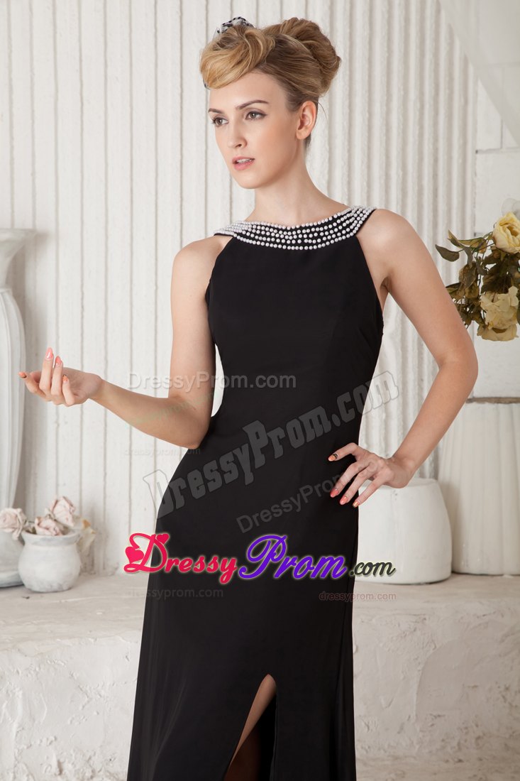2014 Black Column Bateau Beading Prom Dress For Elegance