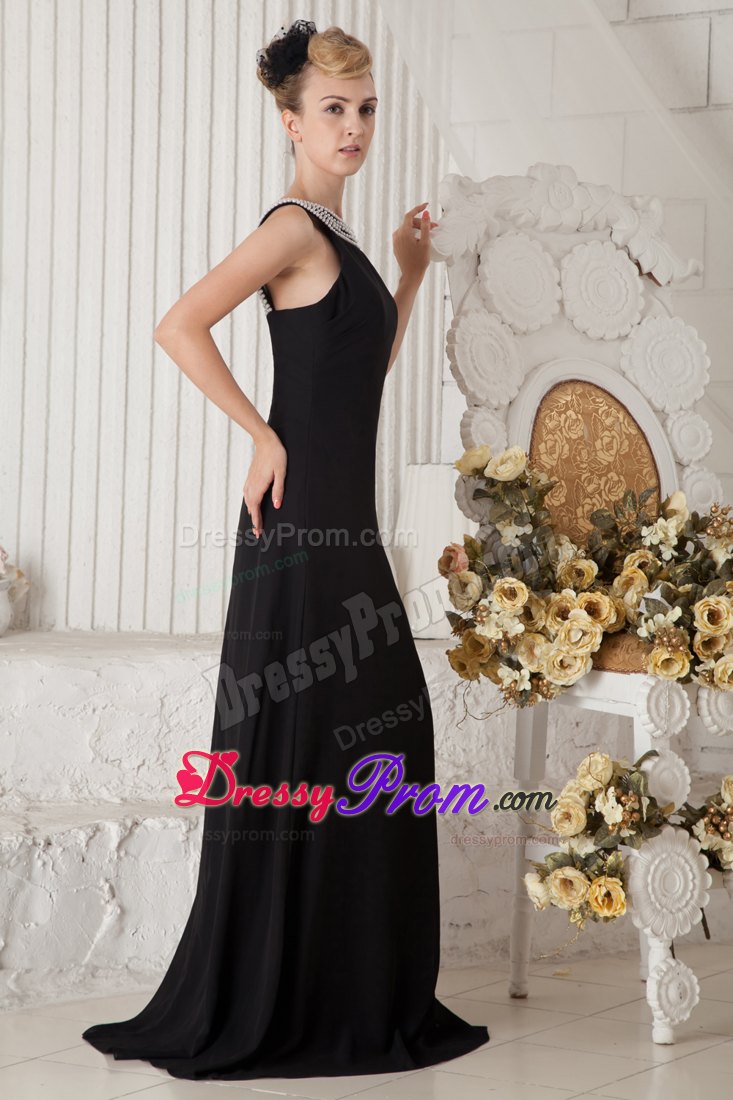 2014 Black Column Bateau Beading Prom Dress For Elegance