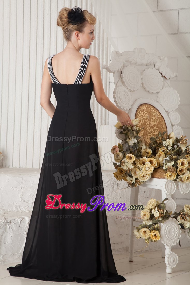 2014 Black Column Bateau Beading Prom Dress For Elegance