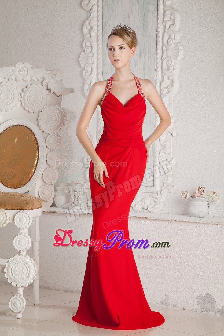 Mermaid Beaded Halter Ruching Red Prom Dress Floor-length
