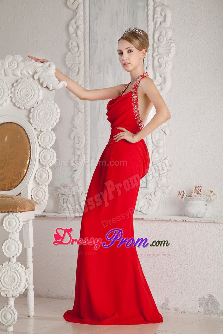 Mermaid Beaded Halter Ruching Red Prom Dress Floor-length