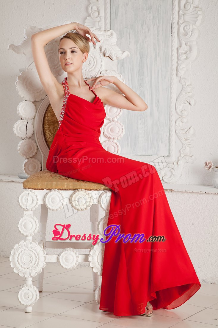 Mermaid Beaded Halter Ruching Red Prom Dress Floor-length