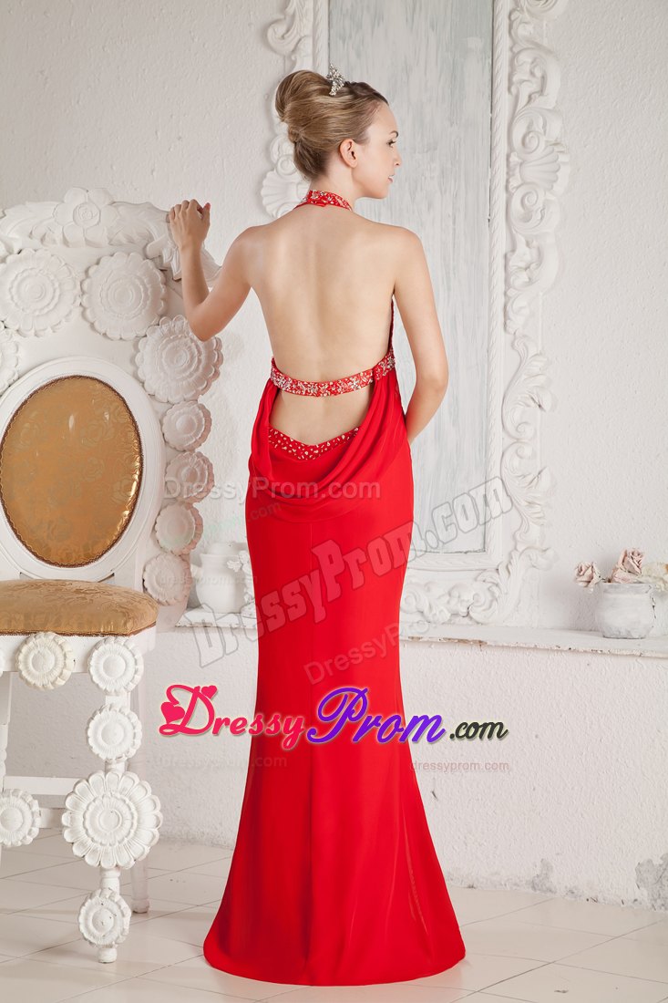 Mermaid Beaded Halter Ruching Red Prom Dress Floor-length